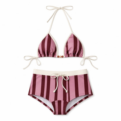 Berry Stripe Bikini Set ghost mannequin product view on white background