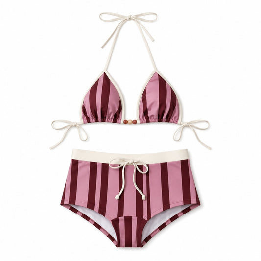 Berry Stripe Bikini Set ghost mannequin product view on white background