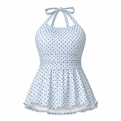 Blue Fizz Dot Swim Dress ghost mannequin product view on white background