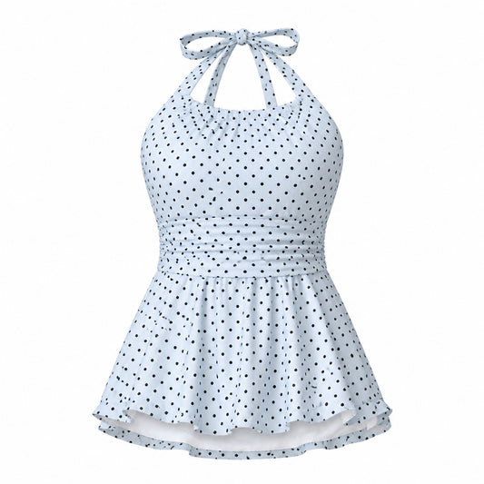 Blue Fizz Dot Swim Dress ghost mannequin product view on white background