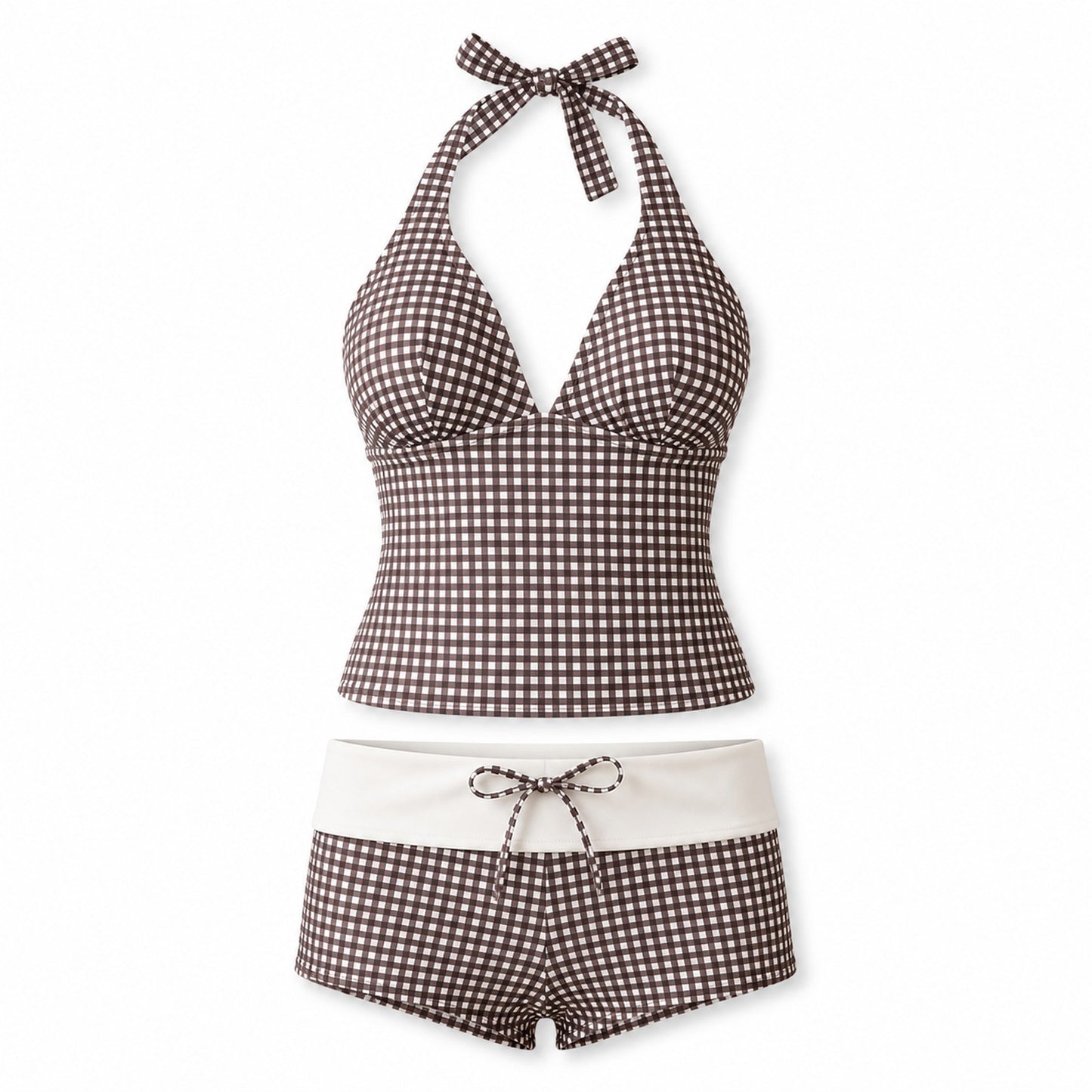 Coast Tempo Cocoa Check Halter Set close fabric and construction detail