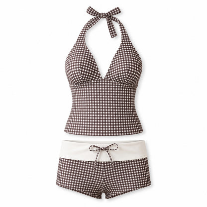 Cocoa Check Halter Set ghost mannequin product view on white background