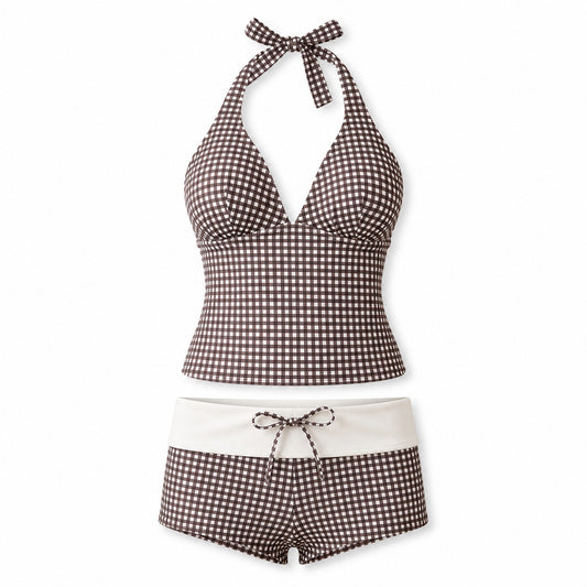 Cocoa Check Halter Set ghost mannequin product view on white background
