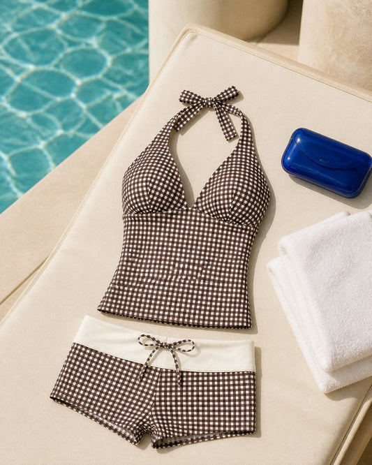 Coast Tempo Cocoa Check Halter Set arranged poolside beside clear blue water