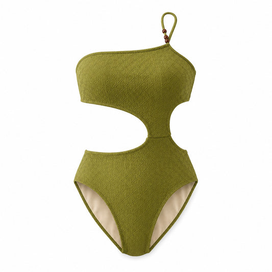 Green Tea Cutout One-Piece ghost mannequin product view on white background