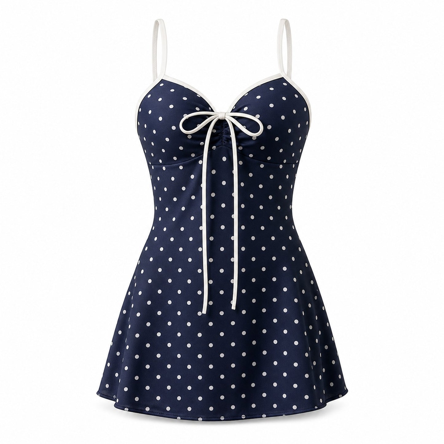 Midnight Dot Swim Dress ghost mannequin product view on white background