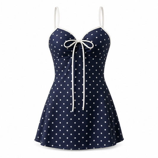 Midnight Dot Swim Dress ghost mannequin product view on white background