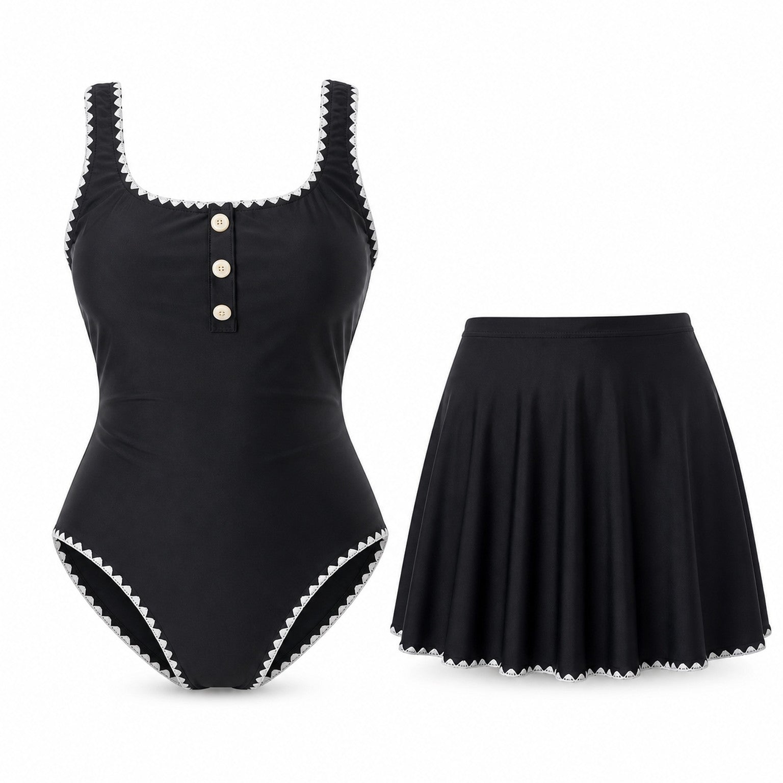 Midnight Scallop One-Piece Set ghost mannequin product view on white background