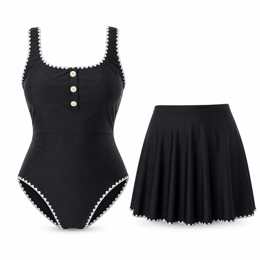Midnight Scallop One-Piece Set ghost mannequin product view on white background