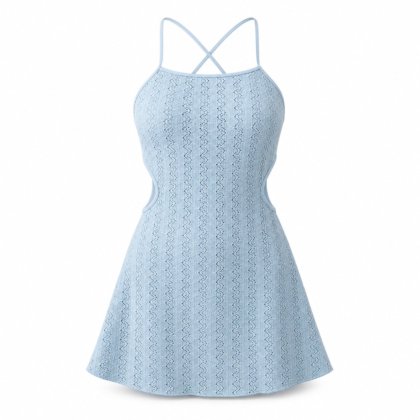 Mist Blue Cutout Swim Dress ghost mannequin product view on white background