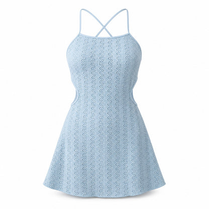 Mist Blue Cutout Swim Dress ghost mannequin product view on white background