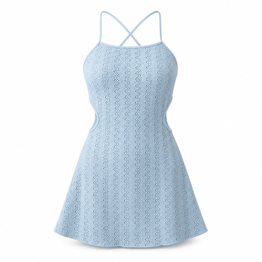 Mist Blue Cutout Swim Dress ghost mannequin product view on white background