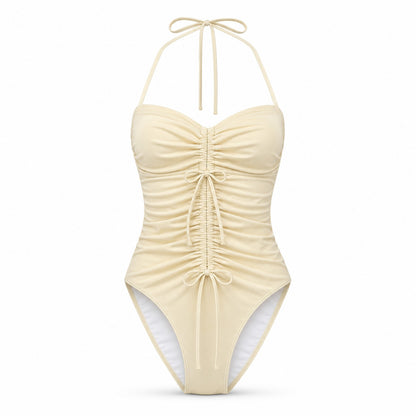 Coast Tempo Oatmilk Ruched Halter One-Piece close fabric and construction detail