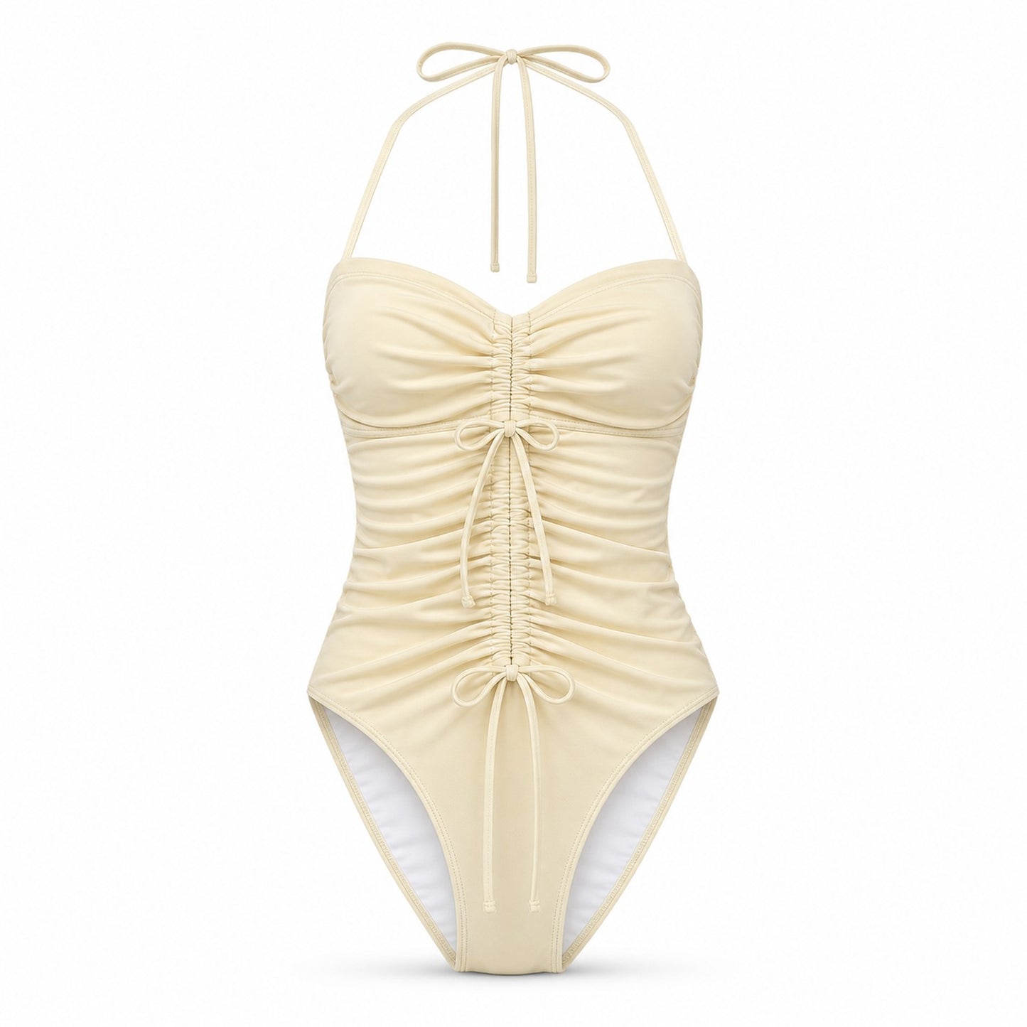 Oatmilk Ruched Halter One-Piece ghost mannequin product view on white background
