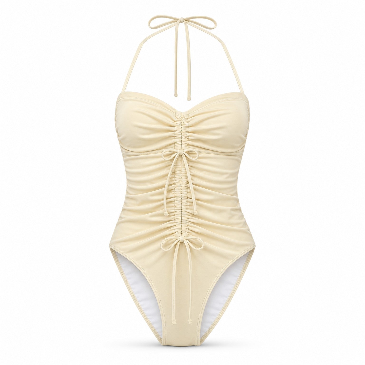 Oatmilk Ruched Halter One-Piece ghost mannequin product view on white background