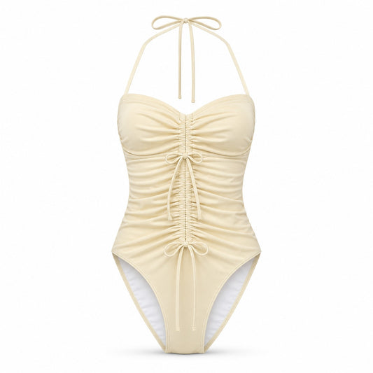 Oatmilk Ruched Halter One-Piece ghost mannequin product view on white background