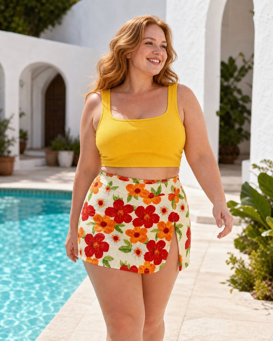 Model wearing the Coast Tempo Painted Summer Three-Piece Set at bright sea-glass resort terrace