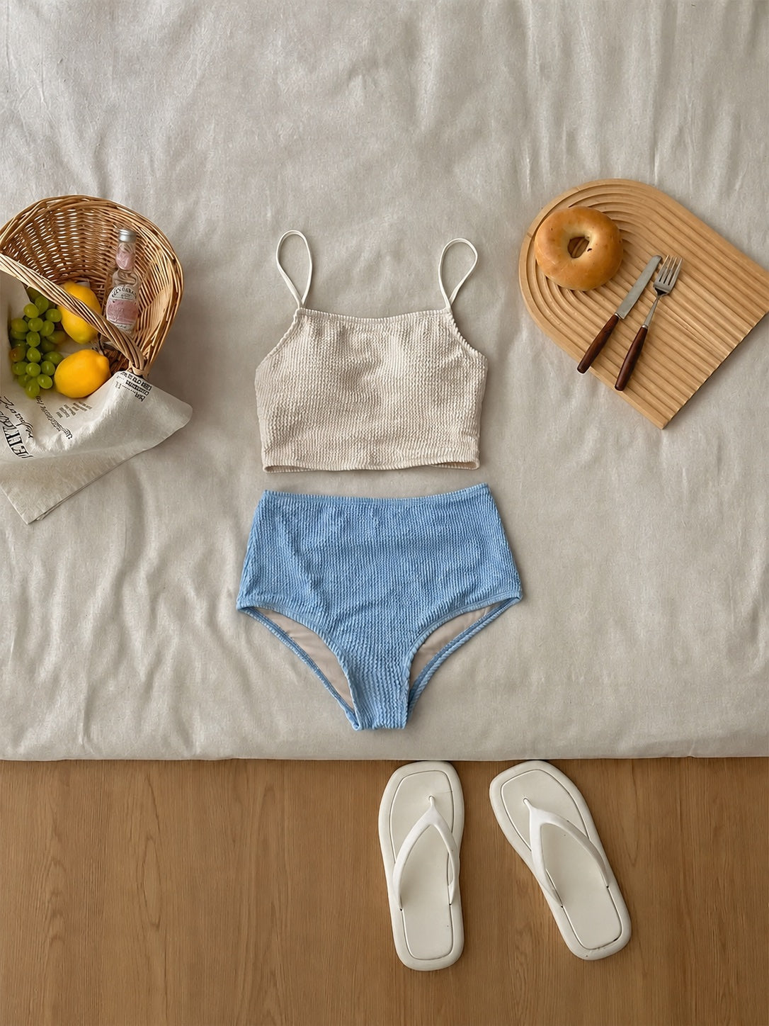 Coast Tempo Saltwater Blue Tank Set in cream and pool blue, flat lay view