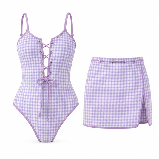 Taro Gingham One-Piece Set ghost mannequin product view on white background