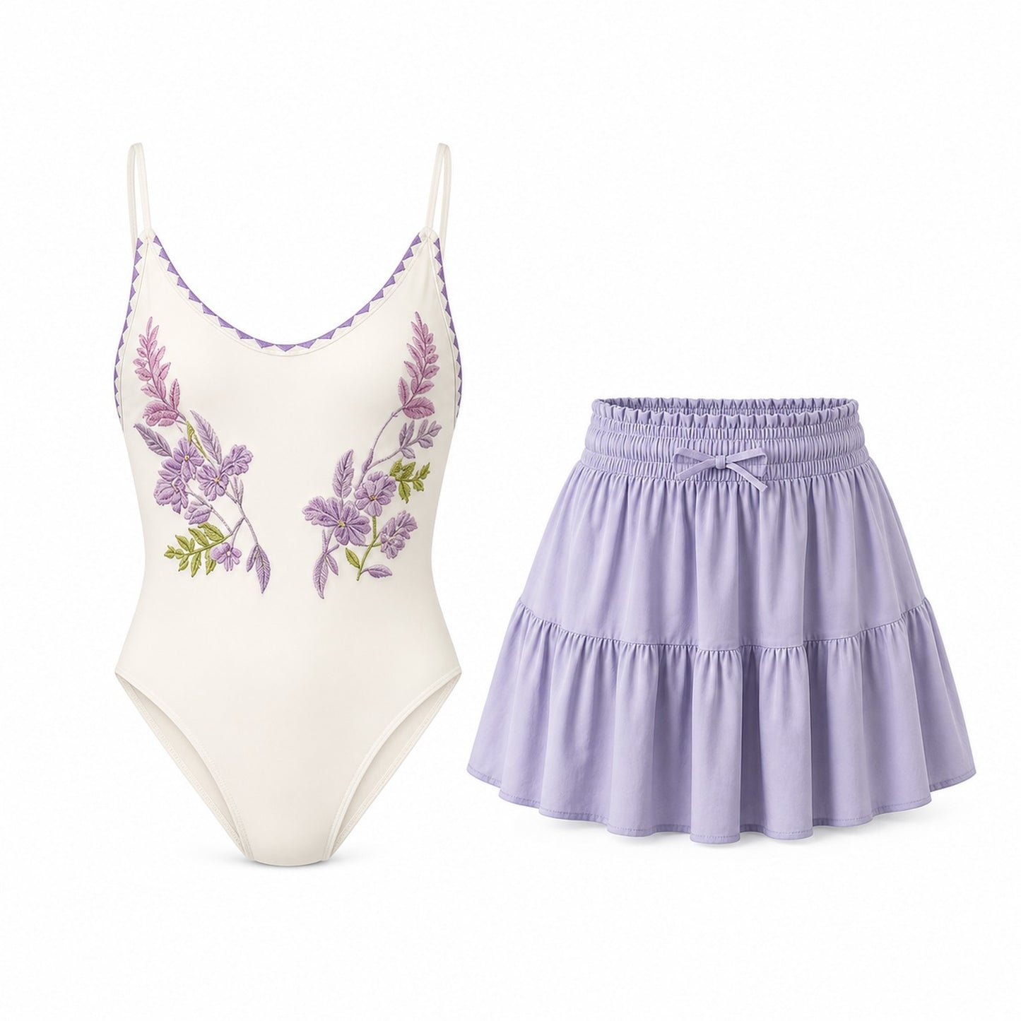 Vineyard Violet Embroidered One-Piece Set ghost mannequin product view on white background