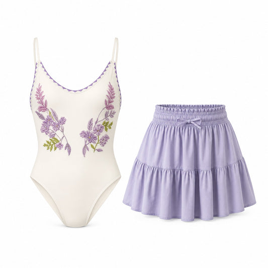 Vineyard Violet Embroidered One-Piece Set ghost mannequin product view on white background
